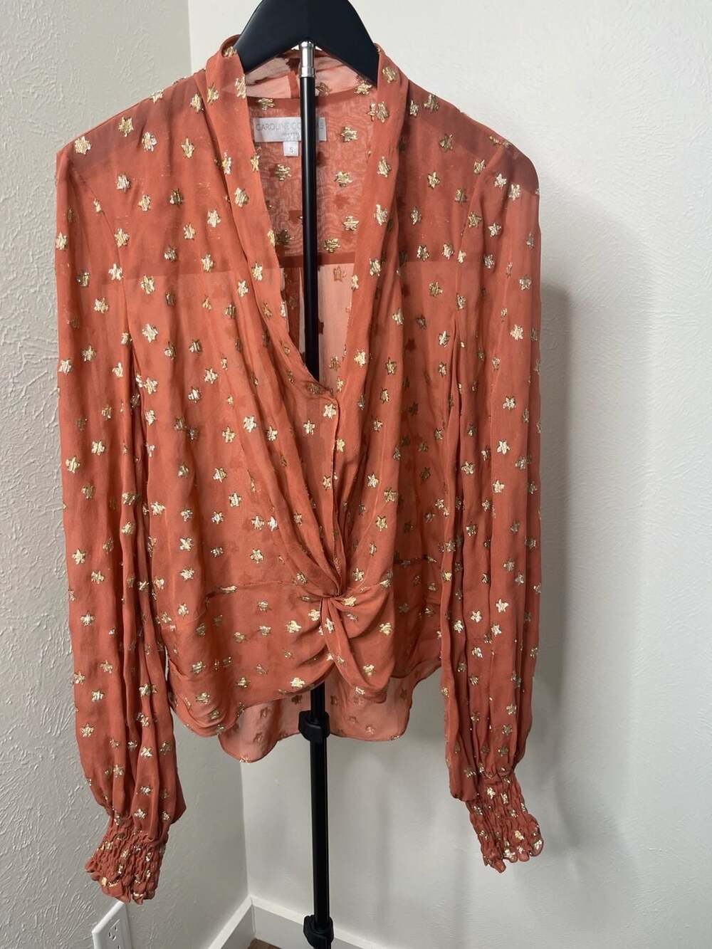 Caroline Constas Rust Silk Wrap Blouse Gold Metallic Star Print